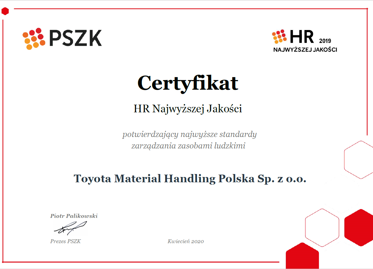 Certyfikat Najwyższej Jakości 2019 dla HR w Toyota